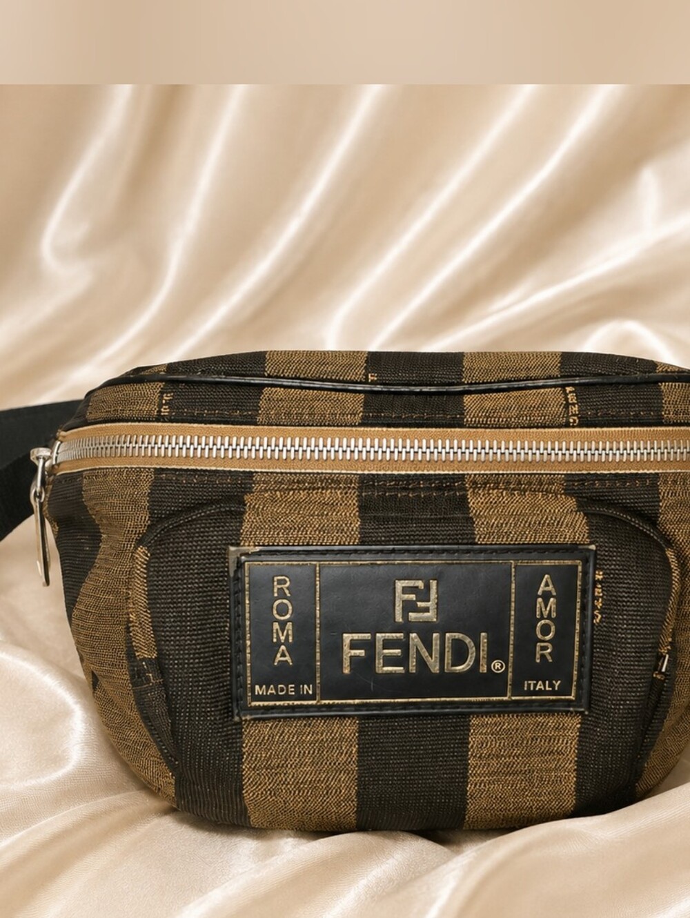 RARE!! Authentic Fendi Pequin Brown & Black Striped Canvas Belt Bag